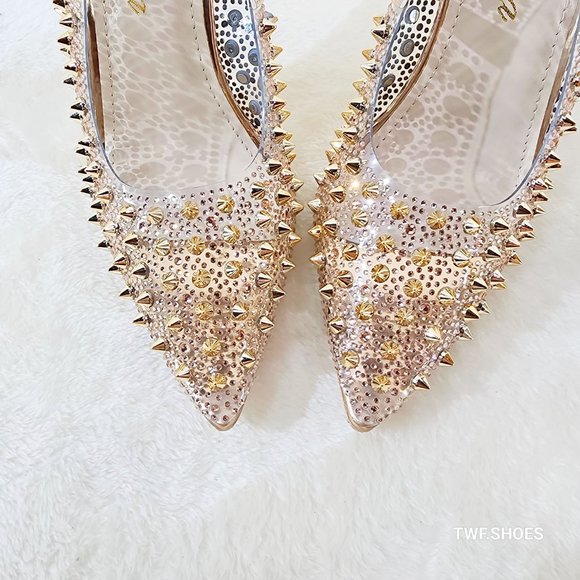 Spicy Stiletto PVC Clear Pumps Rose Gold Studs & Rhinestone Pumps High Heels - Picture 16 of 16